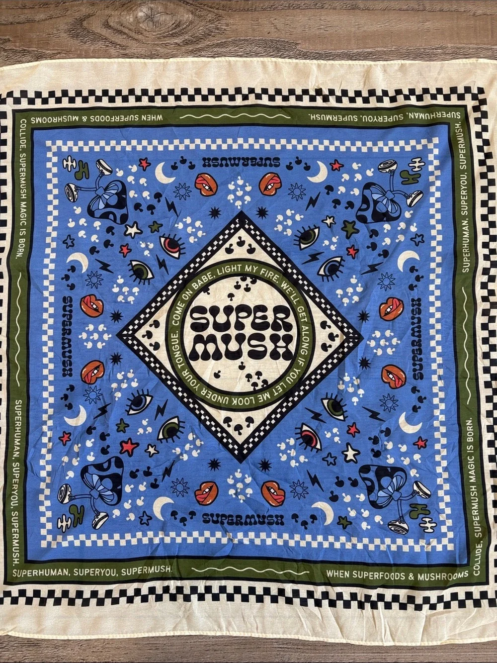 Supermush SuperYou Graphic Bandana Scarf Mushrooms Lips Eyes Moon & Star Print